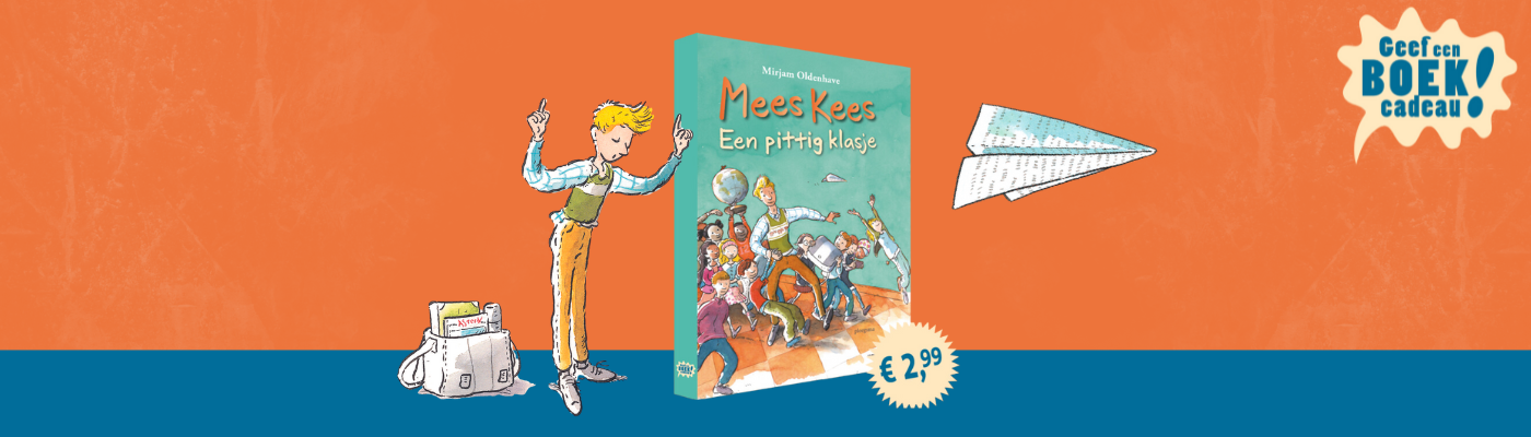 Header met het logo van Geef een boek cadeau 2024 en een 3D boek van Meest kees: een pittig klasje