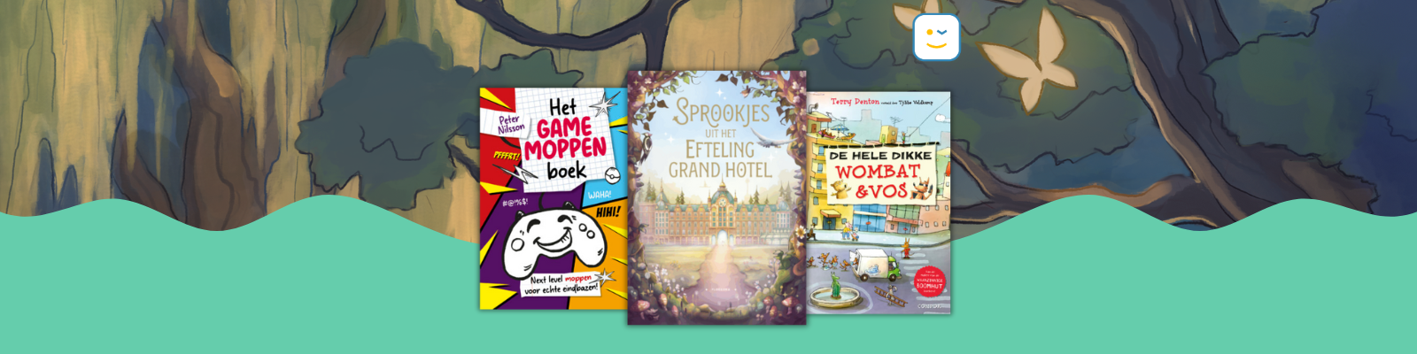 Decoratieve banner met de omslagen van 'Sprookjes uit het Efteling Grand Hotel', 'De hele dikke Wombat & Vos' en 'Het game moppenboek'